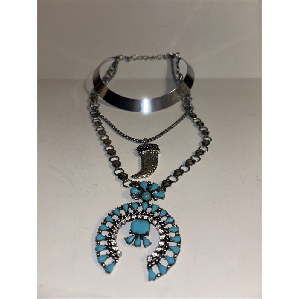 Blue Turquoise Crown Pendant Necklace 24" Silver Tone Serpentine Chain